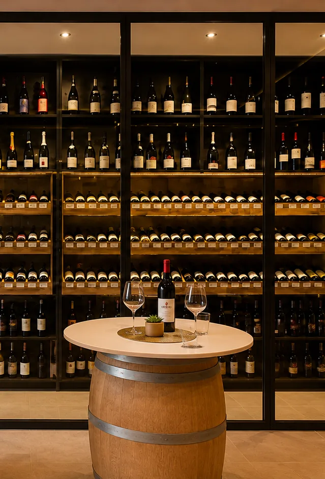 Table tonneau devant le mur de bouteilles de La Cave