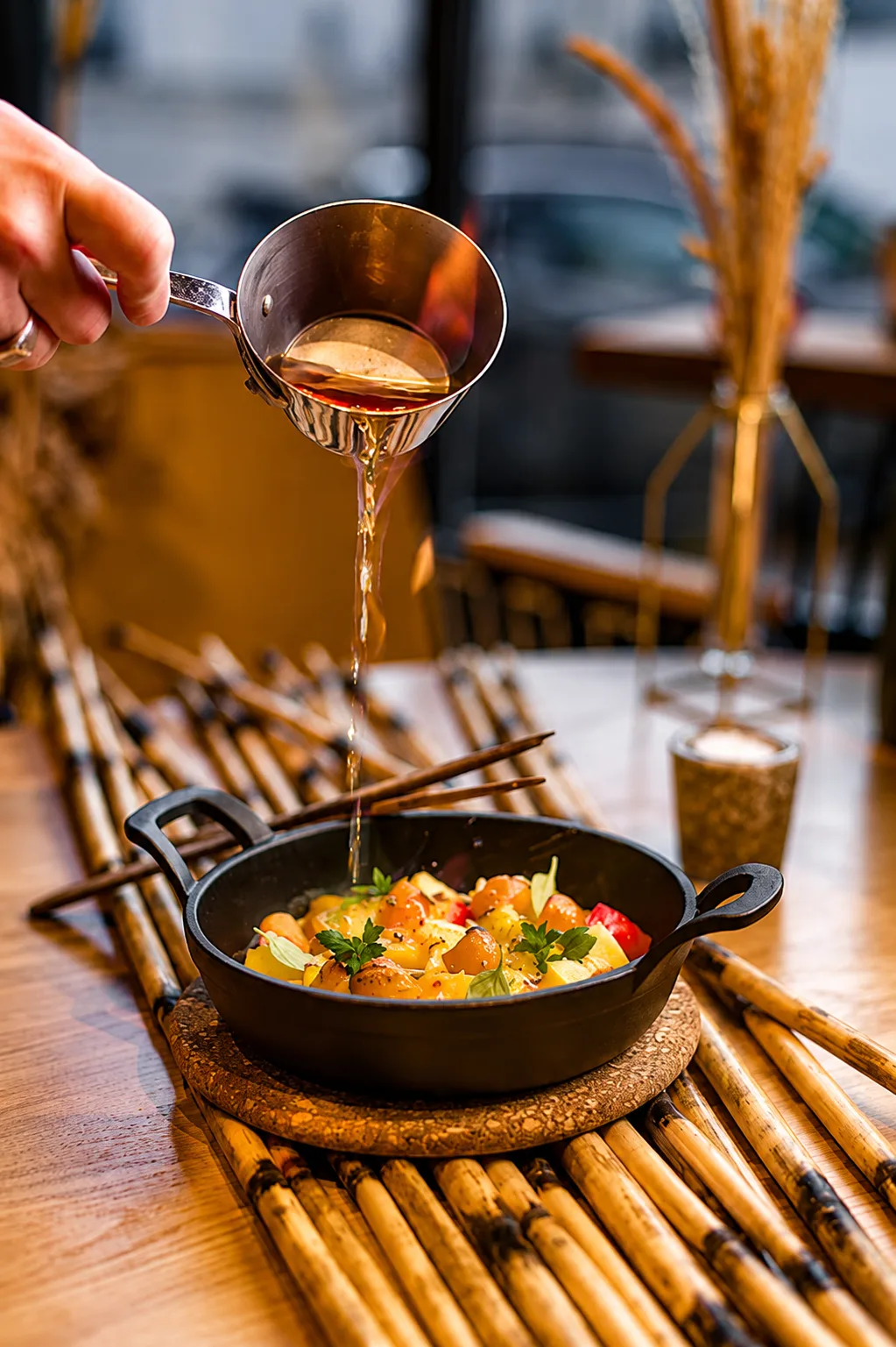 Sauce versée dans un plat servi à La Cave