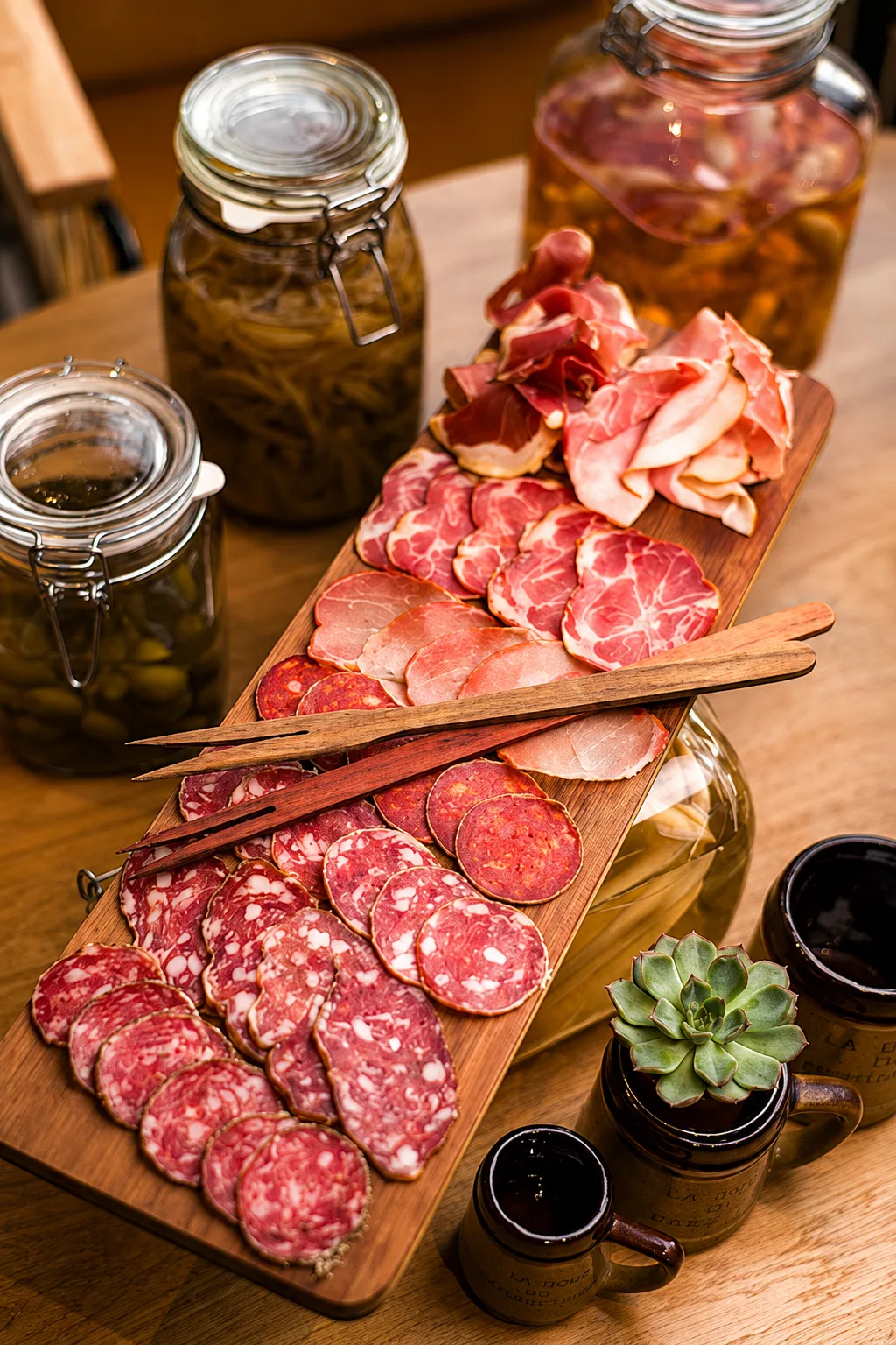 Planche de charcuteries entourée de bocaux sur une table en bois