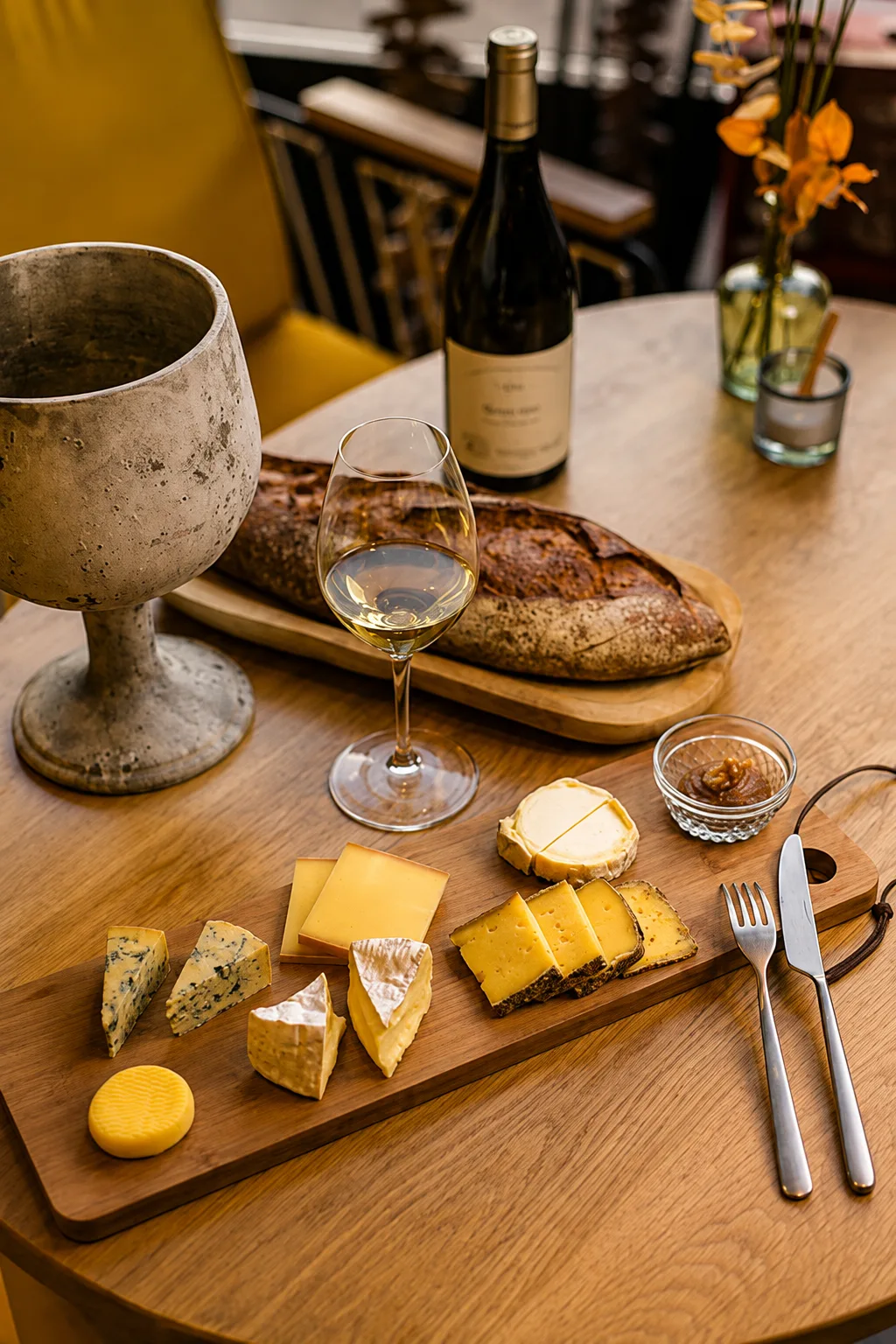 Planche de fromages, verre et bouteille de vin sur une table en bois