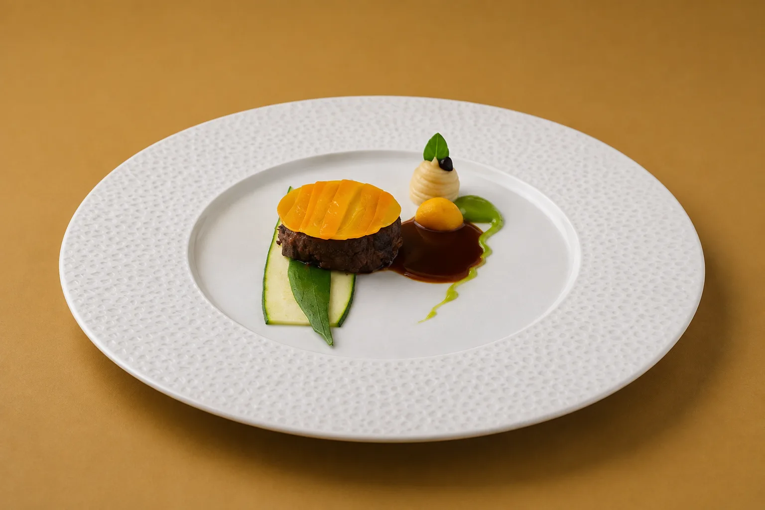 Pièce de bœuf sous un disque d'abricot, jus corsé et filet d'huile d'herbes tracés dans l'assiette