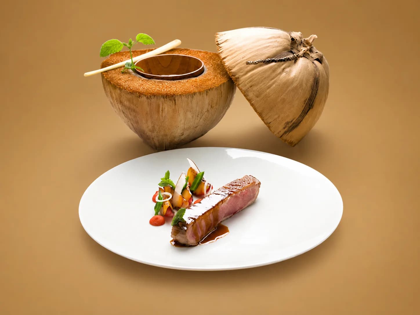 Pièce de bœuf et légumes servie devant une noix de coco ouverte