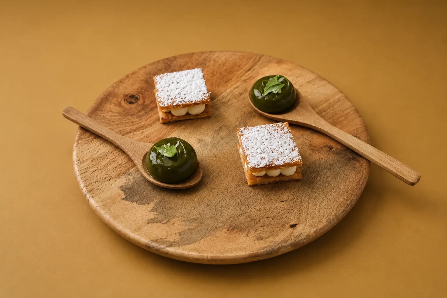 Deux mille-feuilles poudrés de sucre et deux dômes verts posés sur des cuillères, sur un plateau de bois brut