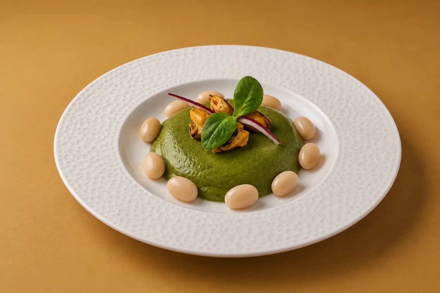 Dôme de purée de persil couronné de moules, cerclé de haricots cocos et de pousses d'épinard