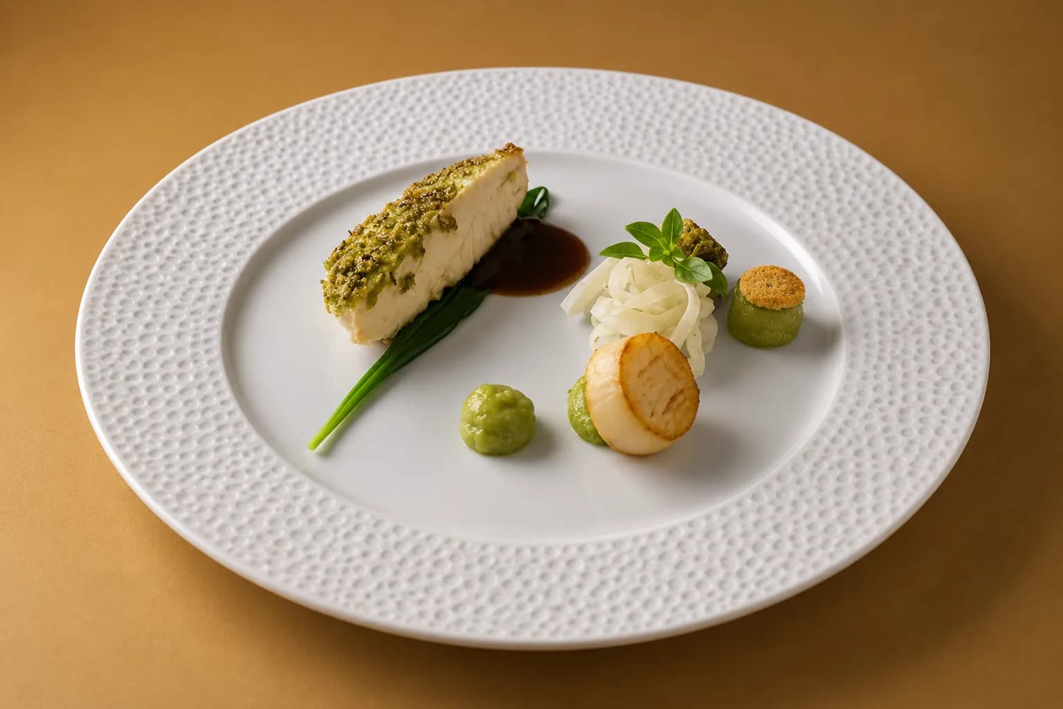 Filet de poisson en croûte d'herbes et noix de Saint-Jacques snackée, quenelles de purée verte et fenouil émincé