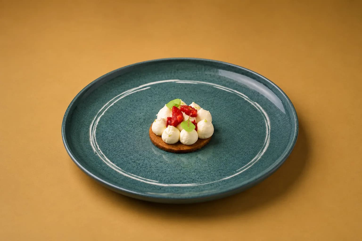 Sablé rond garni de pointes de crème et de fraises fraîches sur une assiette de grès bleu-vert