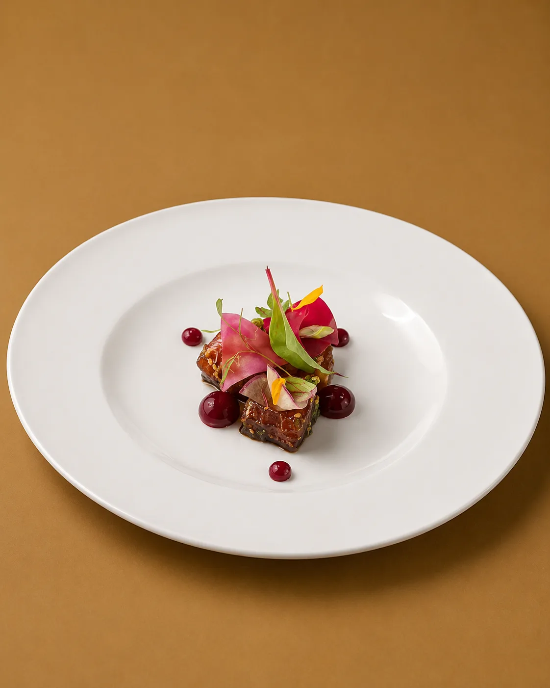 Cubes de viande laquée sous des pickles de radis rose et de jeunes pousses, gouttes de gel de fruits rouges