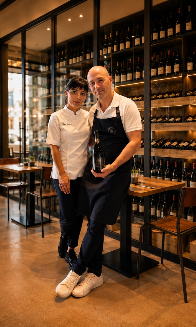 Naoëlle et Matthieu d'Hainaut devant le mur de bouteilles de la cave, une magnum à la main