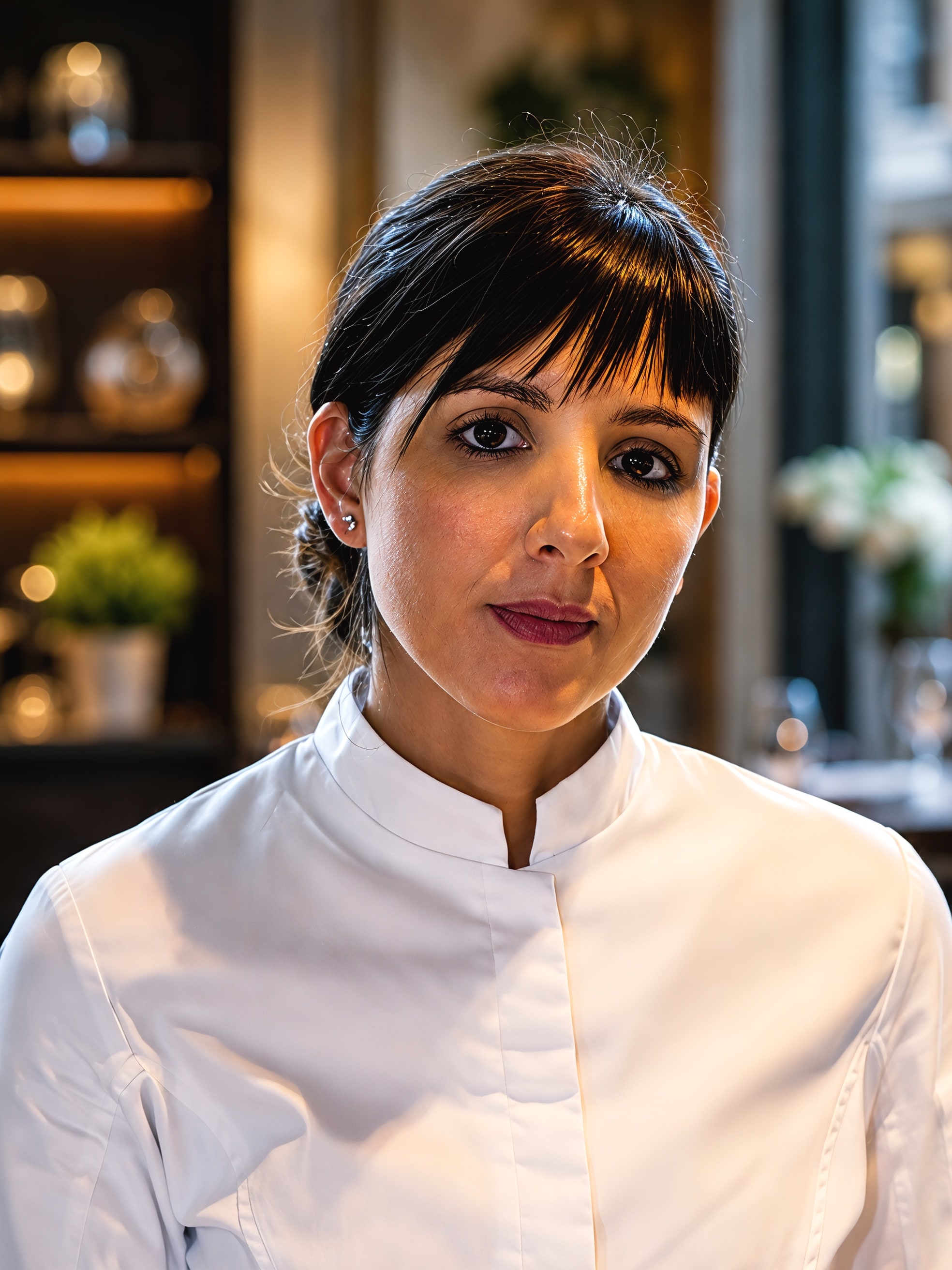 Naoëlle d'Hainaut en veste blanche, de face, devant la salle du restaurant