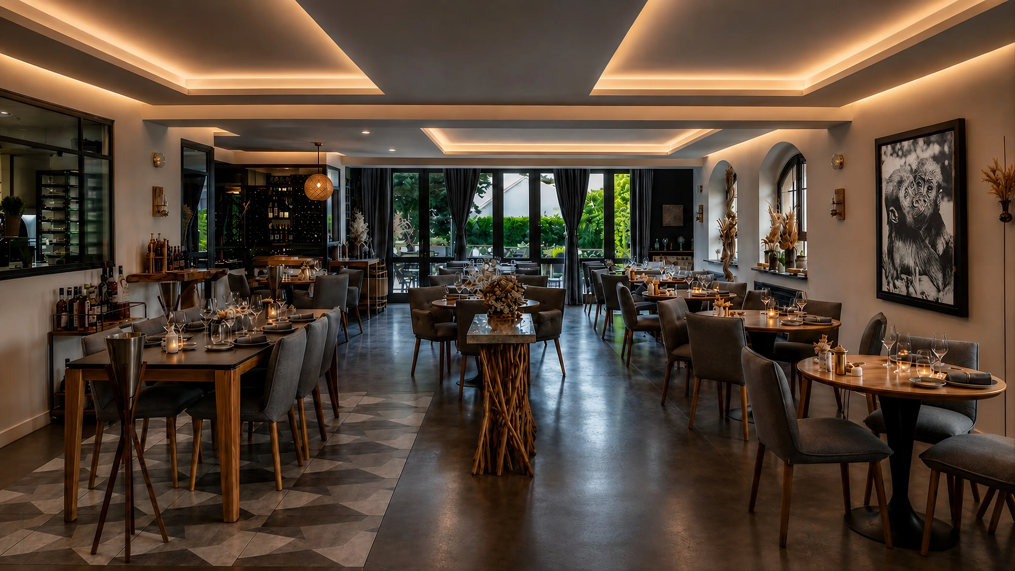 Salle de restaurant à la lumière basse, nappes blanches et lampes chaudes