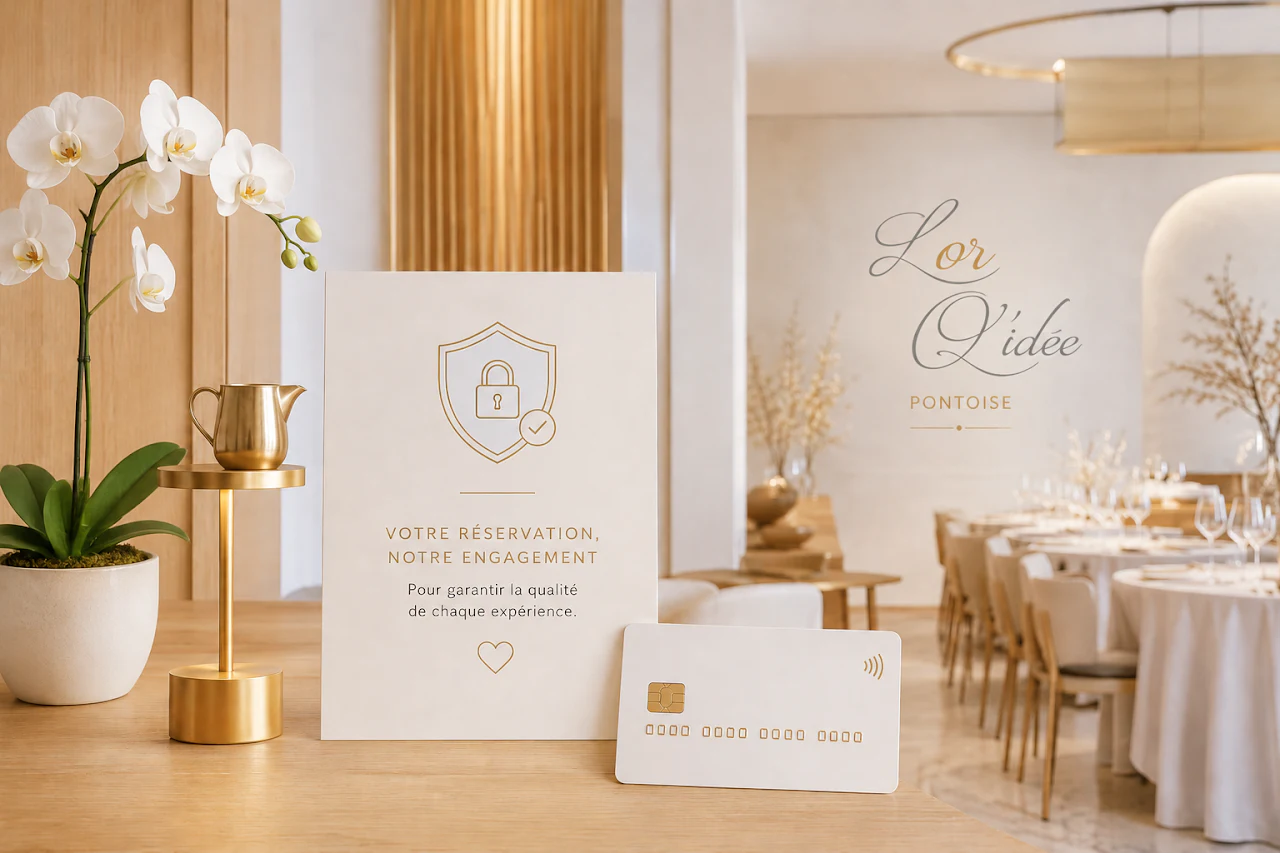 Carte bancaire et avis de garantie posés dans la salle lumineuse de L'Or Q'idée