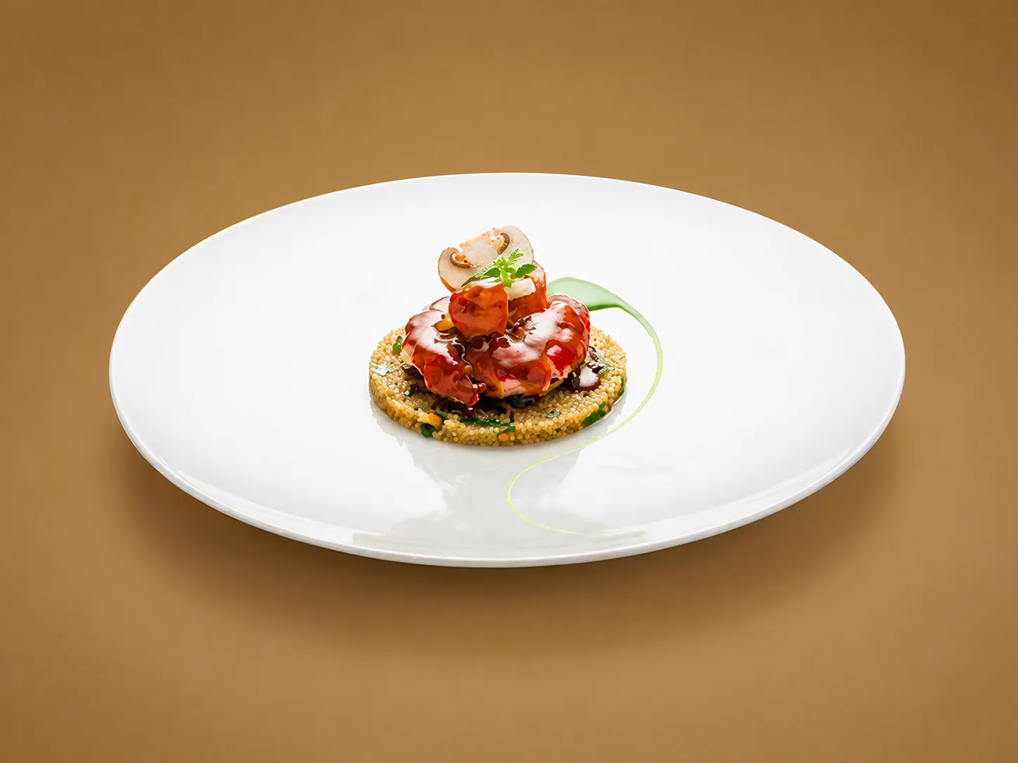 Crustacé laqué et lamelles de champignon sur une galette de quinoa aux herbes, trait d'huile verte, assiette ronde blanche au centre d'une table de chêne