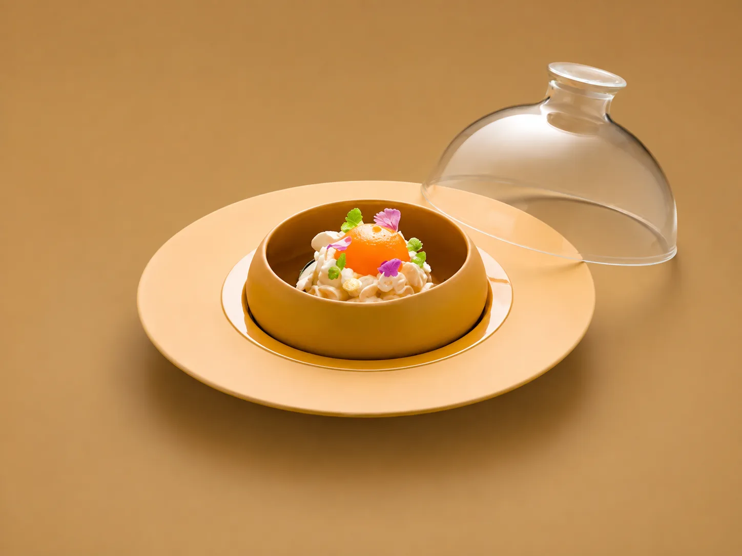 Bol de grès ambré sous une cloche de verre entrouverte, sphère orangée sur un crémeux et pétales de fleurs